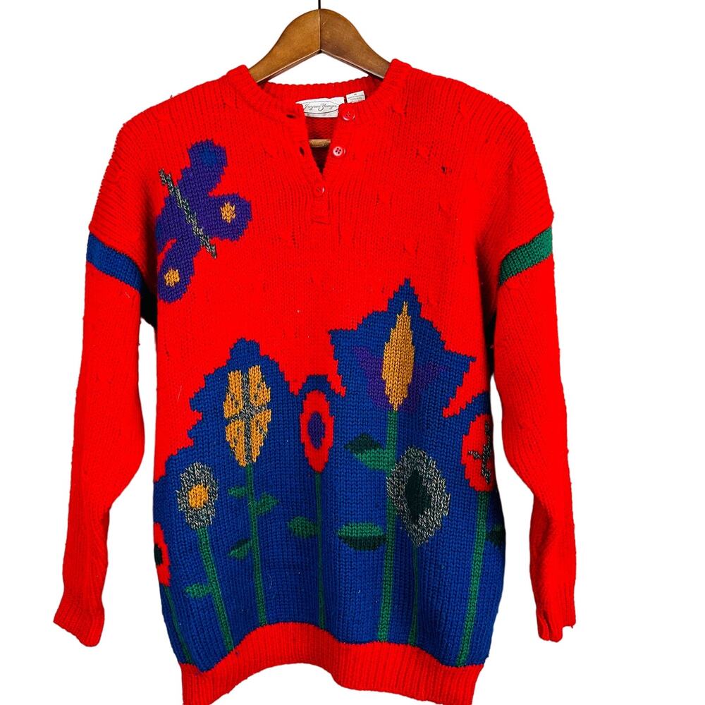 Vintage Jayson Younger Mid Mod Floral Print Sweater Long Sleeve Red - M